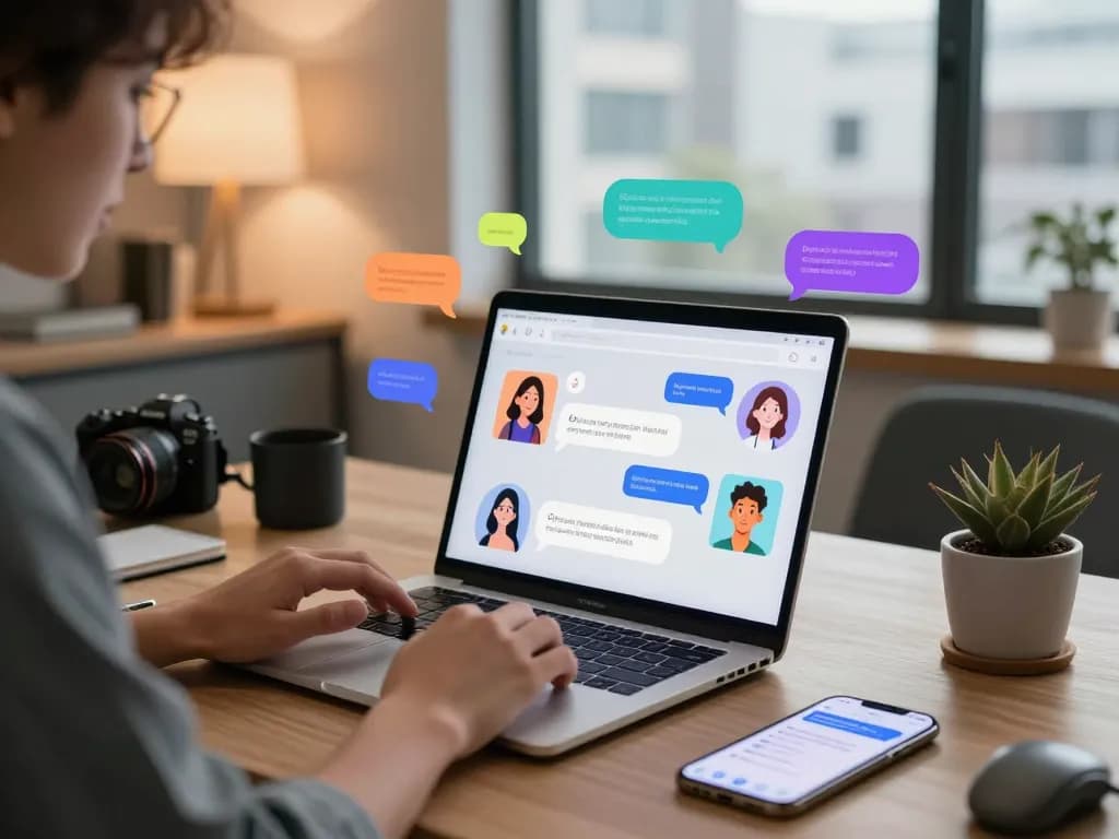Engaging with Crushon AI chatbot on a sleek laptop in a modern workspace