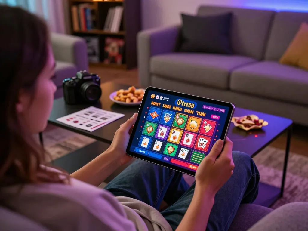Engaging user enjoying the Hitclub casino app on a tablet in a cozy home setting.