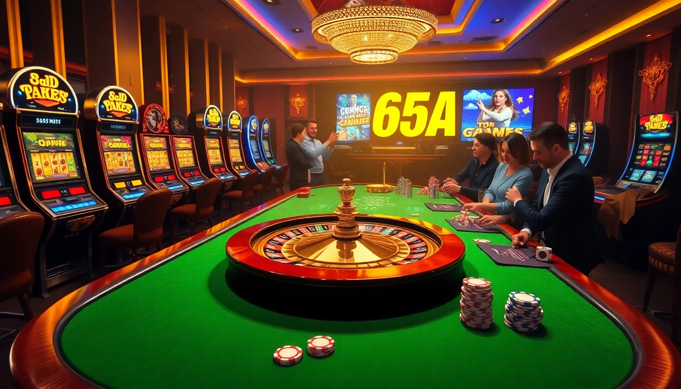 Players engaging in high-stakes betting at 65A’s luxurious casino table with slot machines and poker chips.