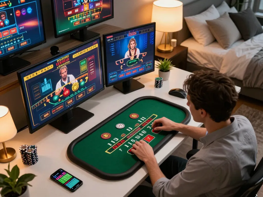 Person engaging with iwin online casino live dealer games on multiple screens in stylish home office