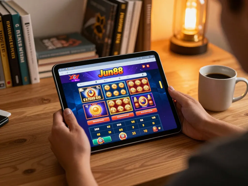 Engaging online gaming scene on link jun88 showcasing slot options on a tablet.