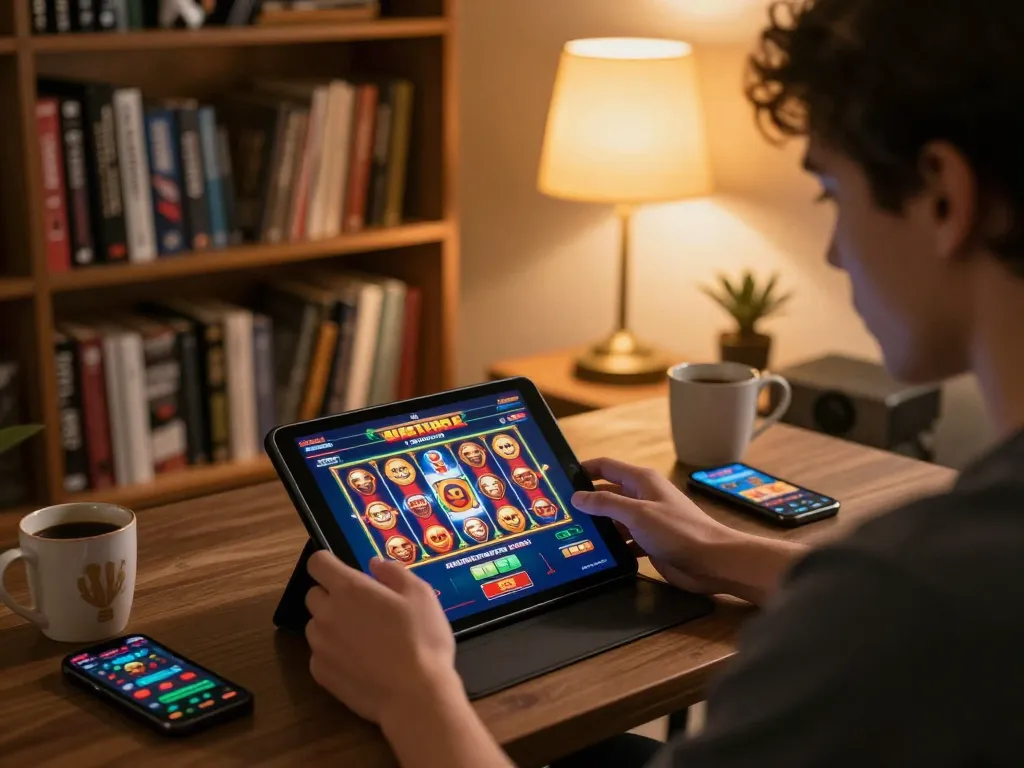 Engaging online casino gameplay on a tablet at home, showcasing 77789vip experience in a cozy setting.