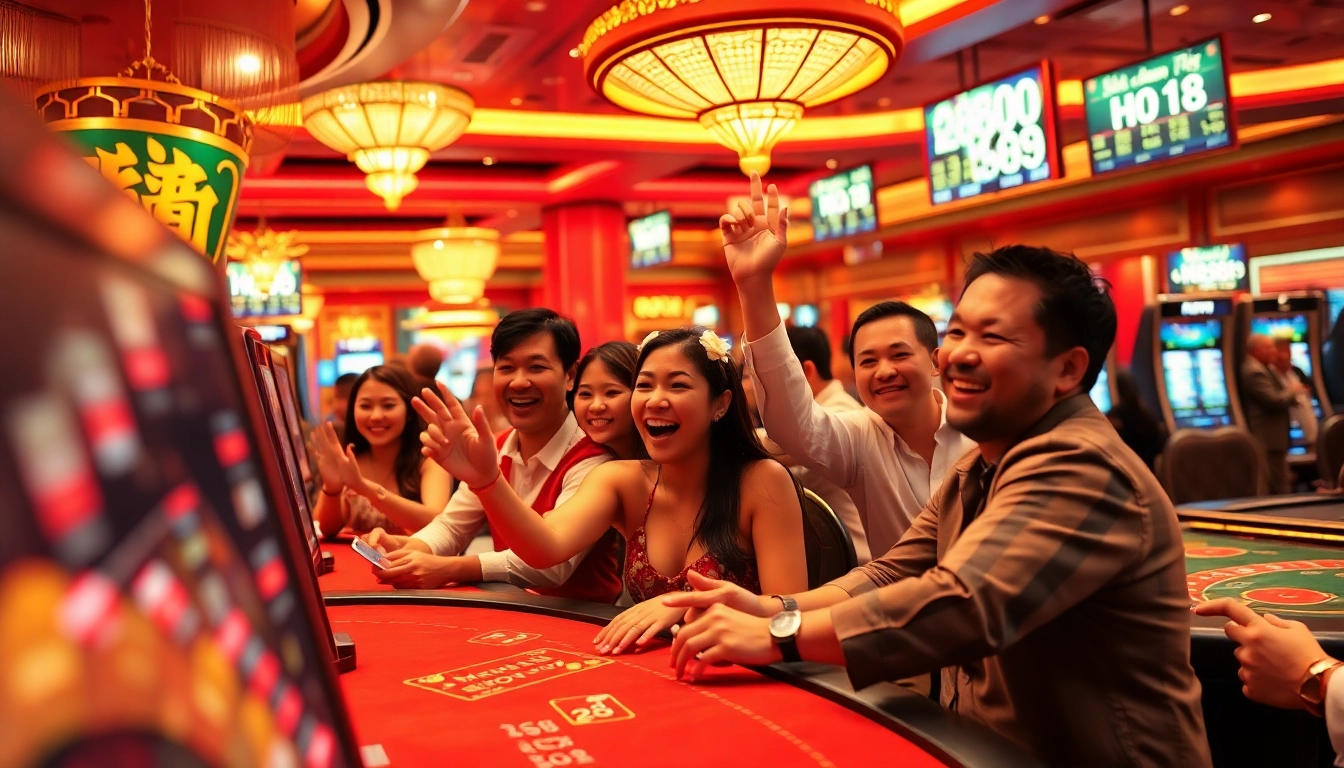 Ho88 casino scene depicting lively players celebrating wins in a vibrant atmosphere.