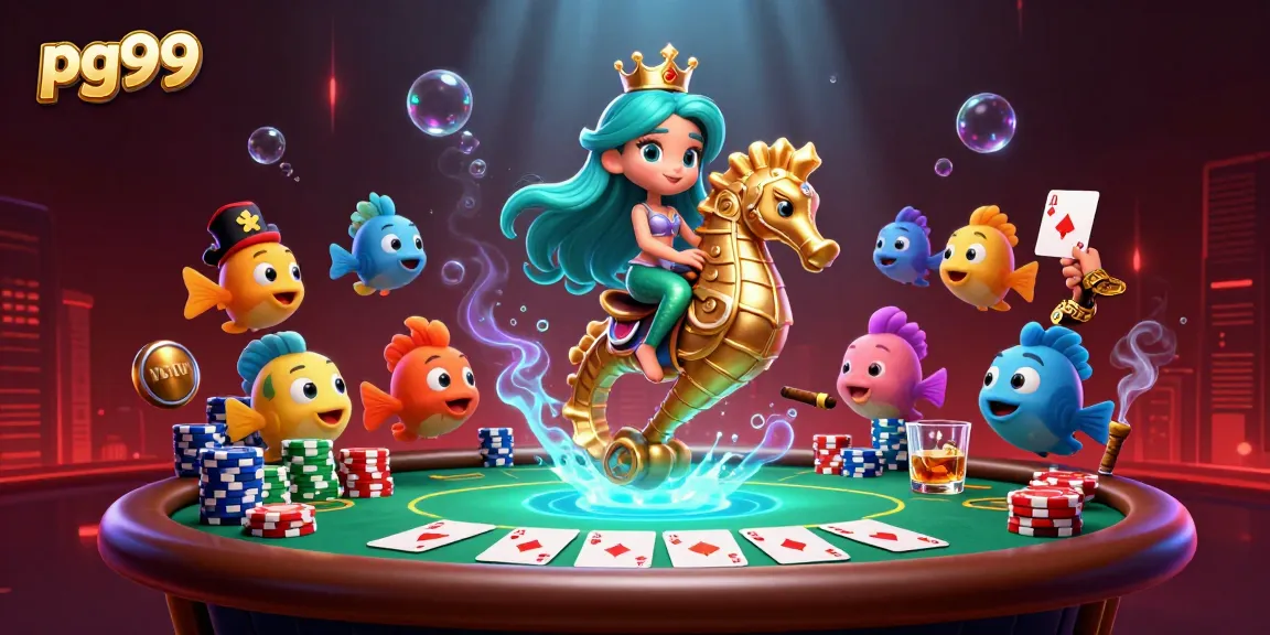 Play pg99 with a vibrant underwater scene featuring a mermaid, seahorse, and poker elements.