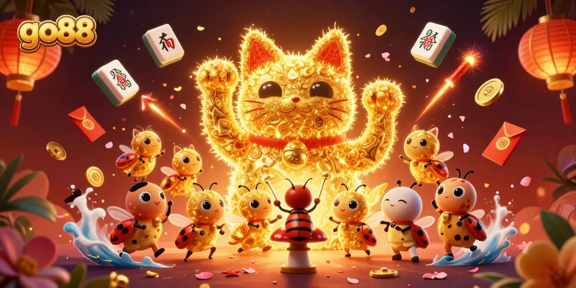 Experience go88's casino adventure with glowing symbols and vibrant elements in this festive 3D illustration