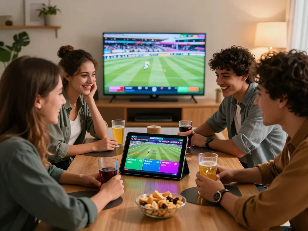 Exciting online betting moment at rikbet with friends cheering on sports games.