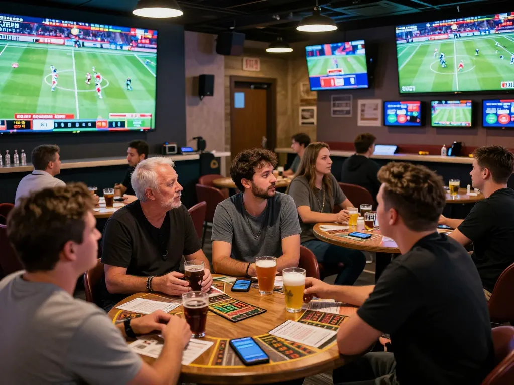 Engaged bettors analyzing live scores on their smartphones while enjoying the vibrant atmosphere at Nowgoal's sports betting lounge.