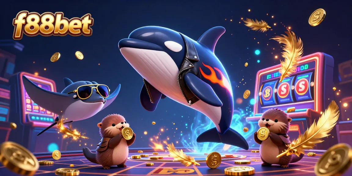 Experience excitement at f88bet with a jumping whale and otters in a vibrant casino scene.
