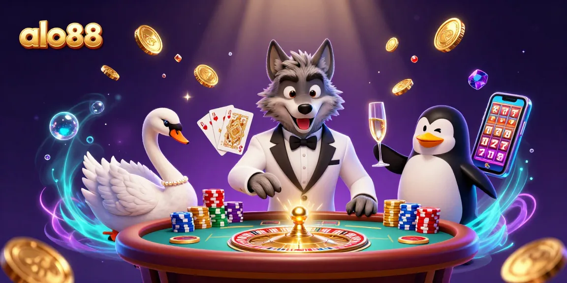 Experience the thrill at alo88 with a debonair wolf, elegant swan, and sophisticated penguin in a vibrant casino.