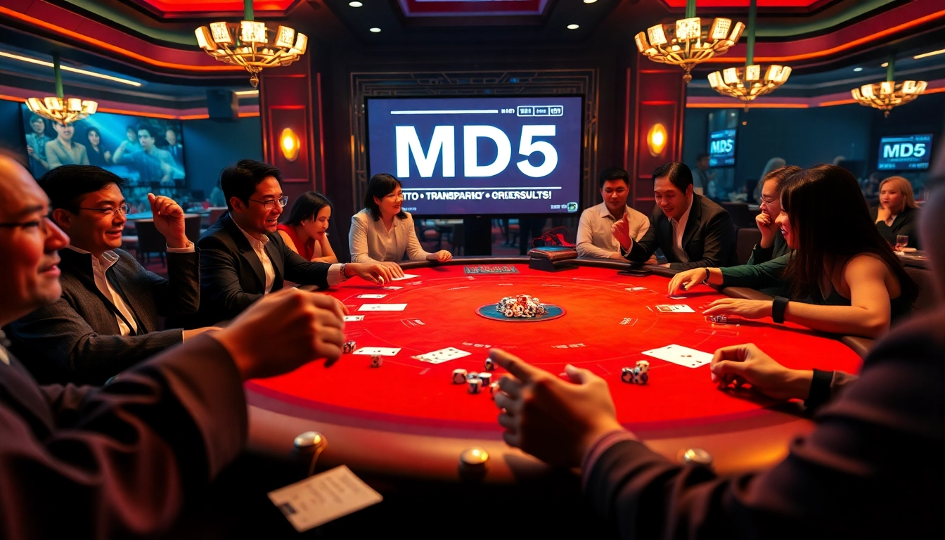 Players enjoying Tài xỉu MD5 at a bustling casino table, surrounded by chips and dice, capturing the thrill of gambling.
