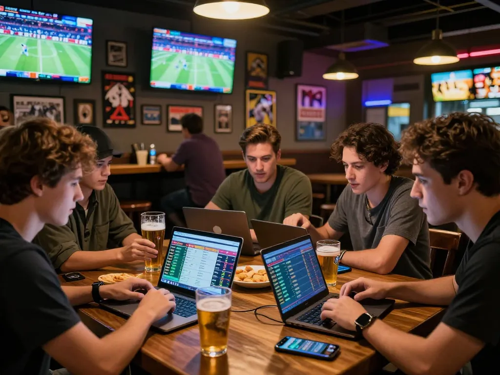 Friends betting on keonhacai in a lively sports bar with screens showing live odds.
