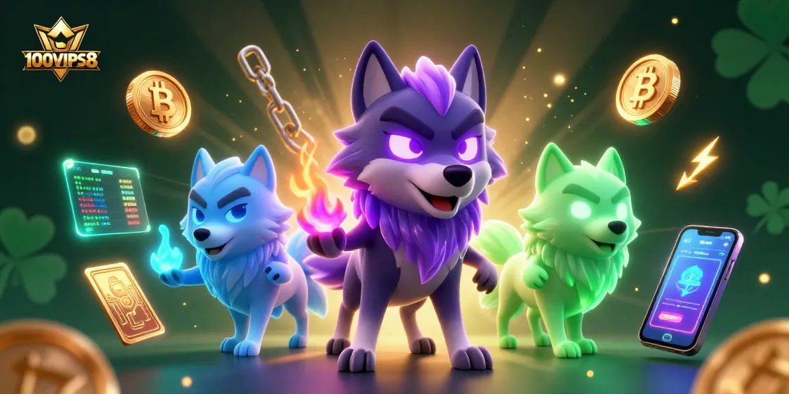 Engage with stunning gaming action at 100VIPS8 featuring vibrant crypto elements and energetic wolves.
