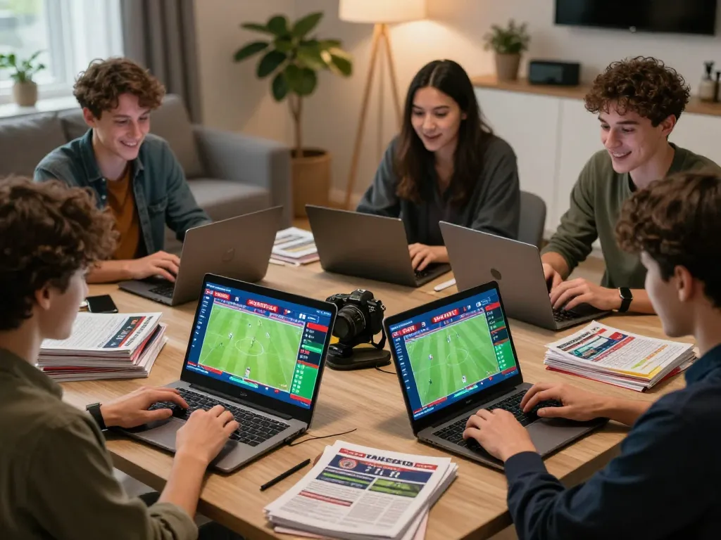 Nowgoal bettors engaged in real-time soccer betting in a cozy environment, observing live scores and odds.