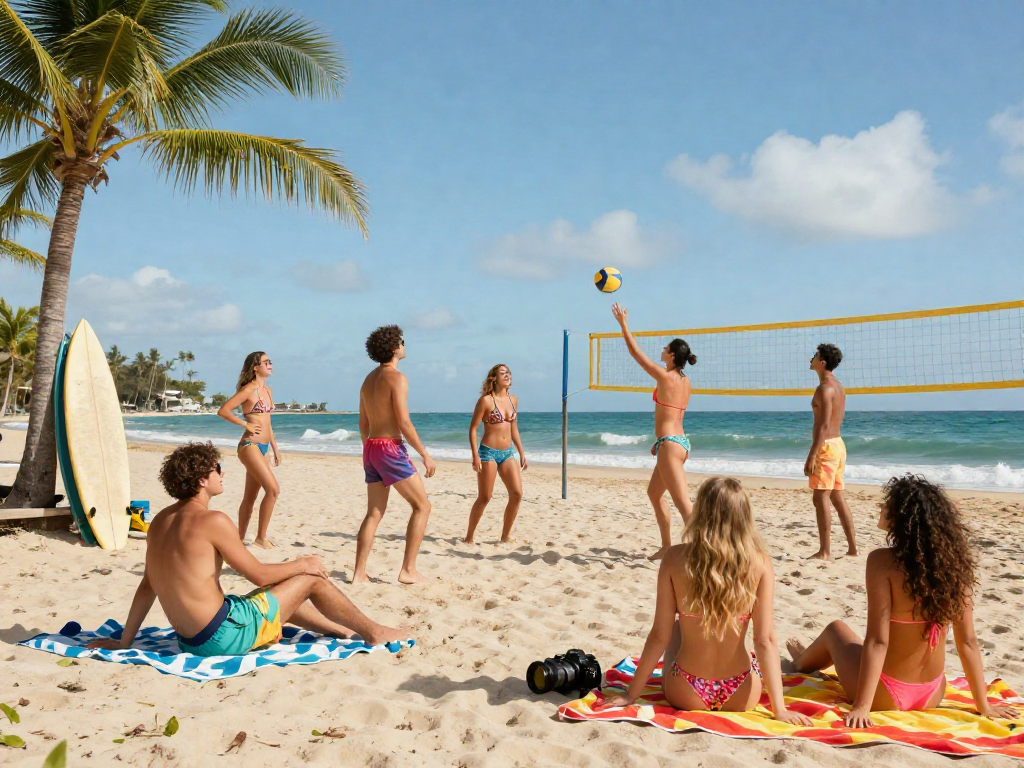 Group of friends enjoying beach fun in vibrant bikinis at BIKINISLOT