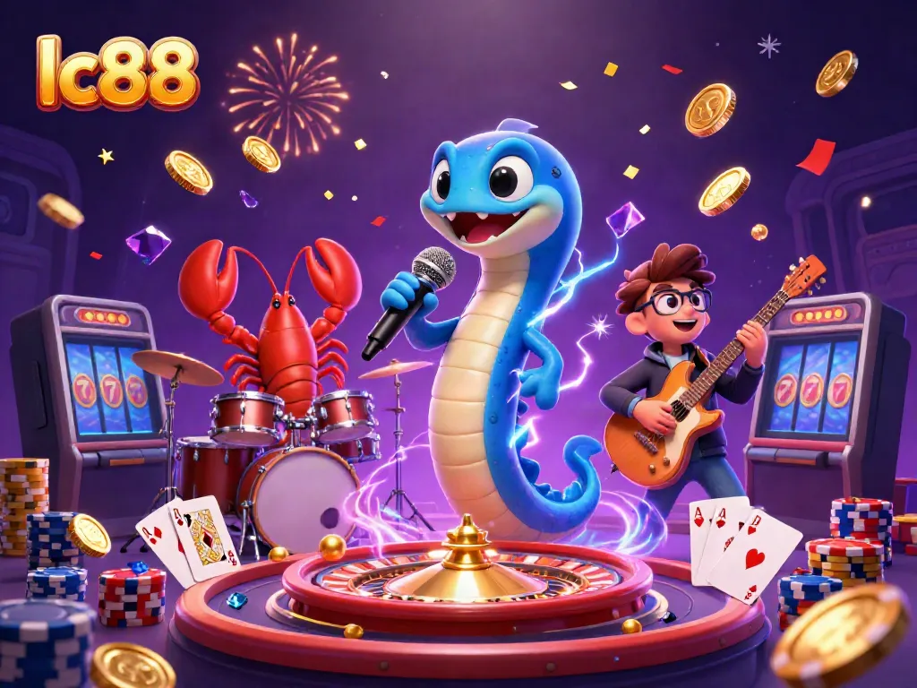 Celebrate exciting wins at lc88 with a vibrant underwater casino scene featuring performing characters, casino games, and festive effects.