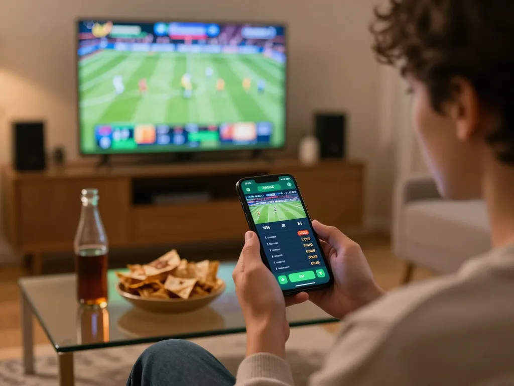 Engaging sun win sports betting scene with a person placing bets on a mobile app amid warm, cozy surroundings.