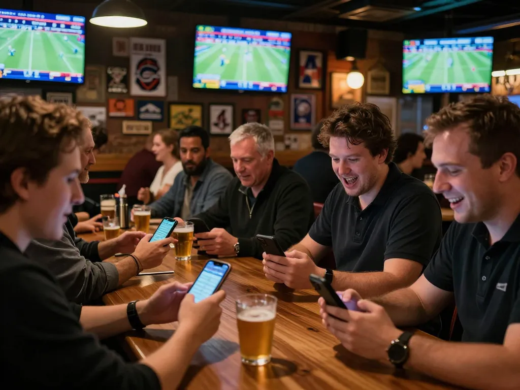 Engaging sports betting action at a bar with patrons placing bets using their smartphones on 32win32.