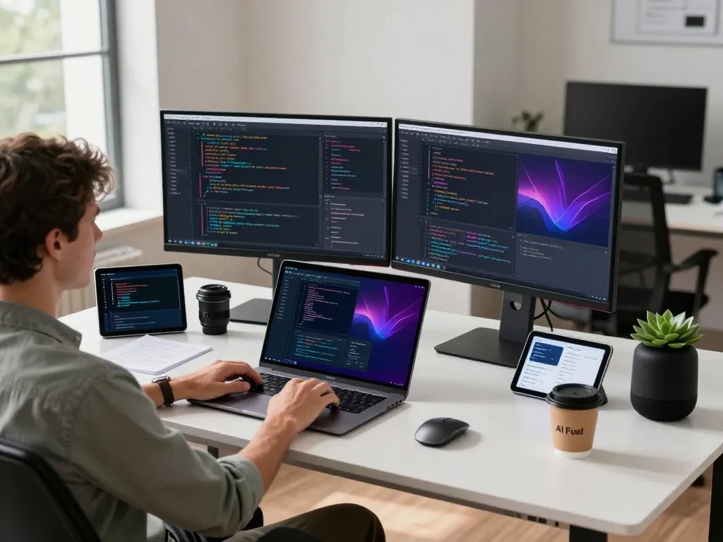 Developer working on moltbot ai integration in a contemporary workspace with monitors and coding tools.