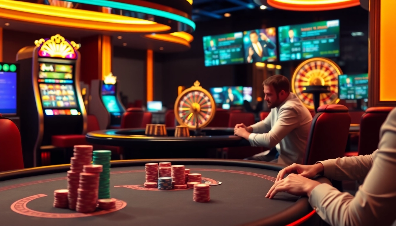 Experience the thrill of online gambling at http://sunwin.loans/ with professionals at a poker table under vibrant casino lights.