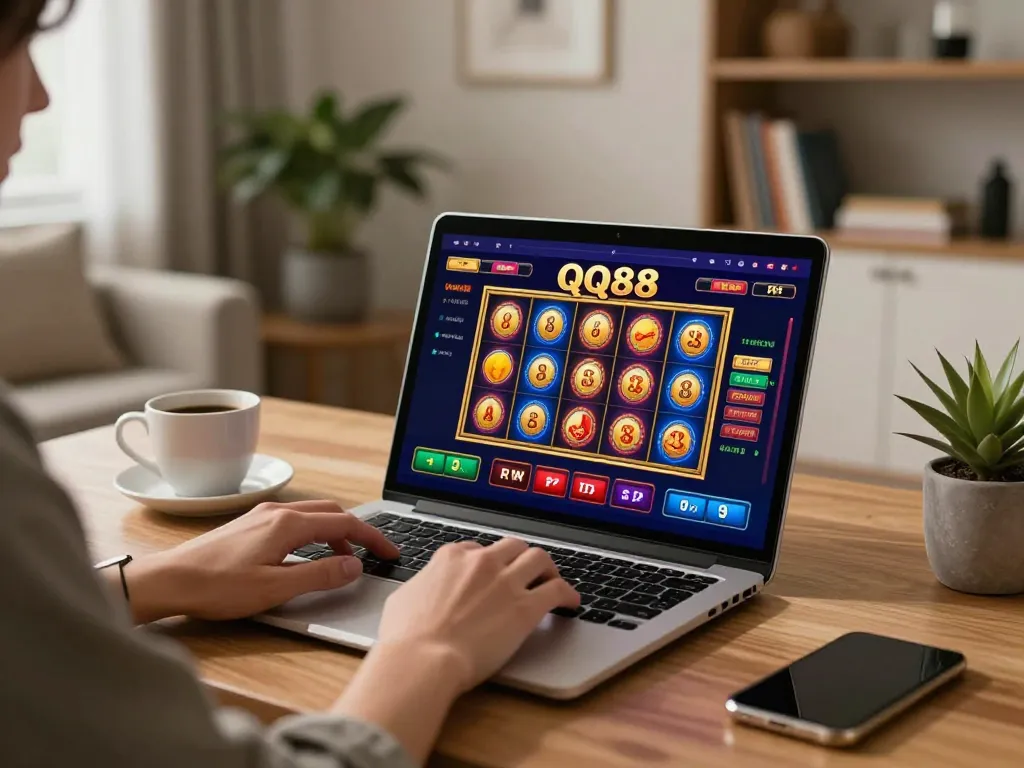 Player engaging in QQ88 online gaming from a cozy home setup, featuring colorful casino interface and warm ambiance.