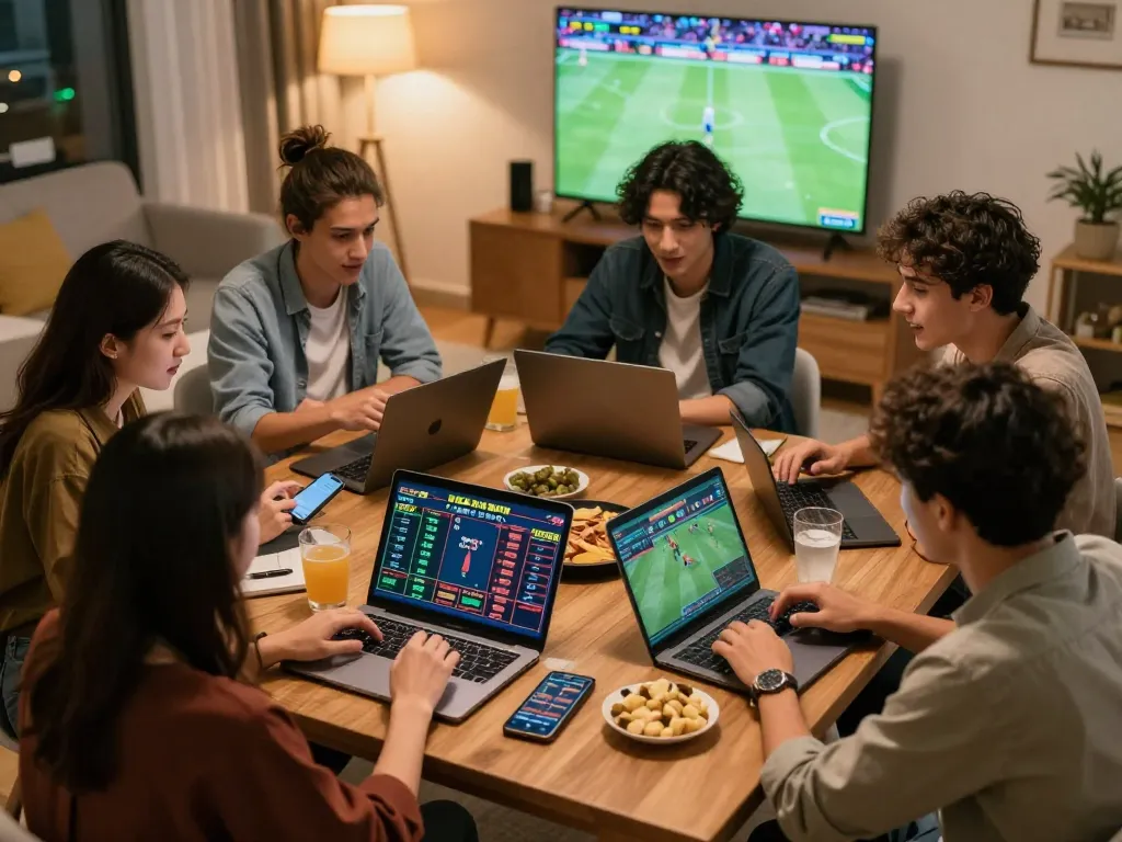 Place your bets in an engaging sports betting atmosphere, featuring friends analyzing match stats.