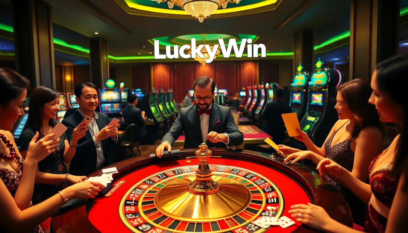 Experience the thrill of gaming at LuckyWin, featuring vibrant casino tables and eager players.