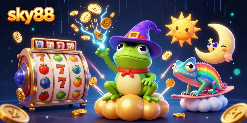 Spin the reels and win with sky88's vibrant casino magic featuring a playful weather wizard and colorful symbols.