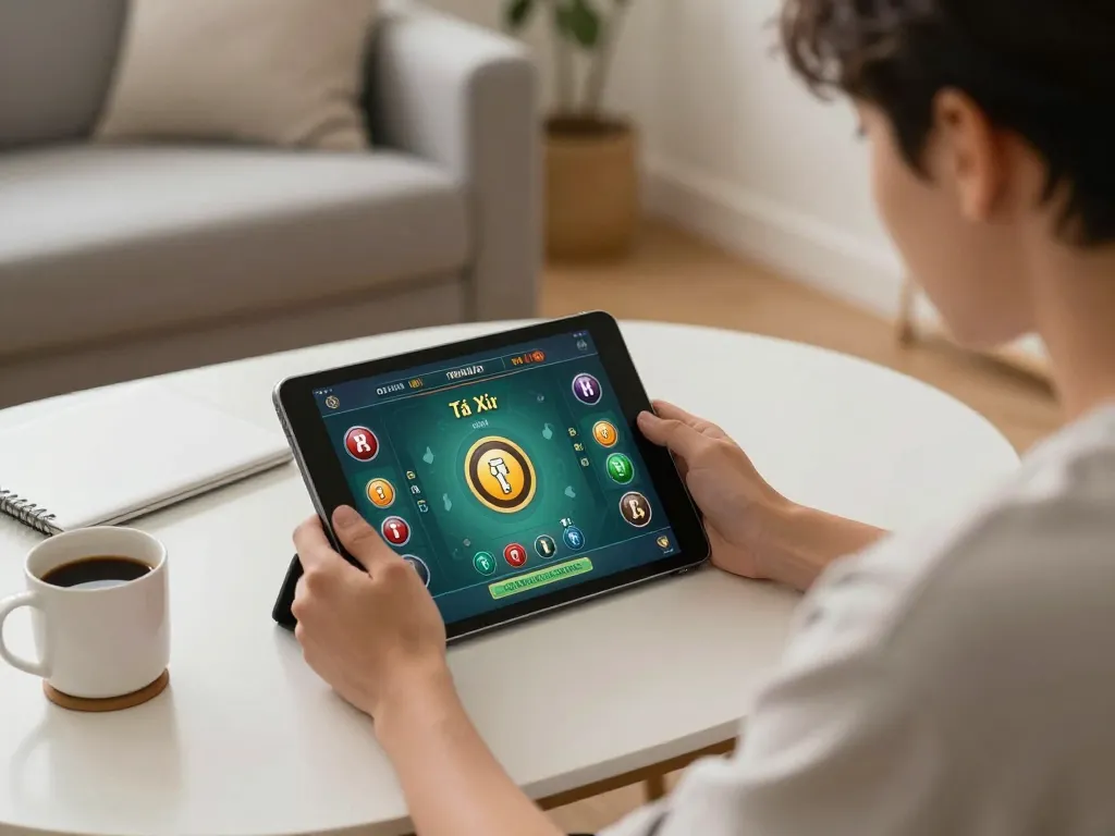 Tai Xiu online app in action with player strategizing while using tablet at home.