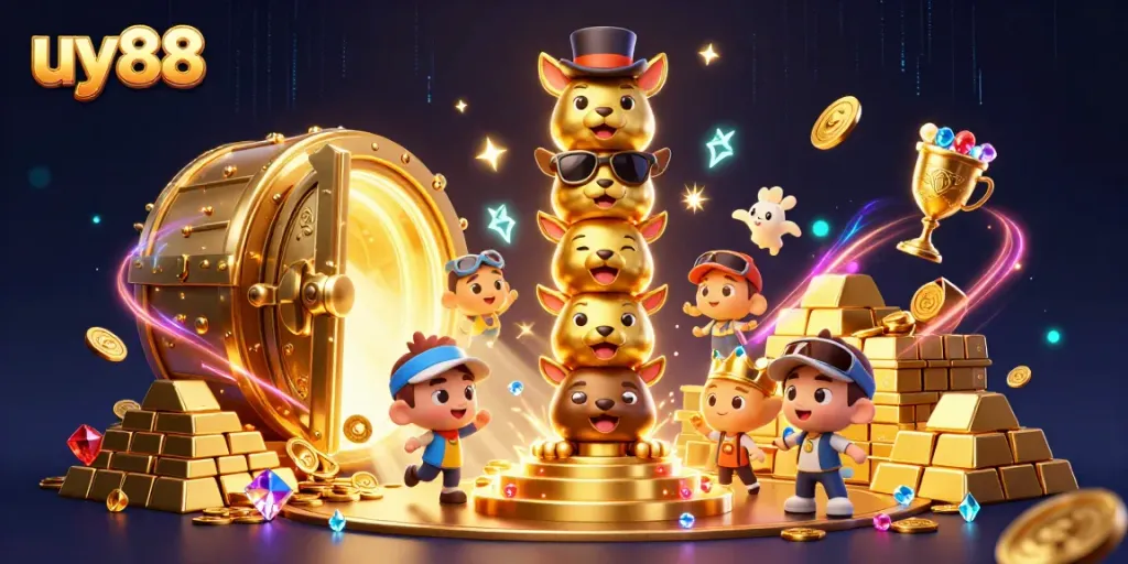 Experience excitement with uy88 in a vibrant 3D casino scene bursting with treasure and animated characters.