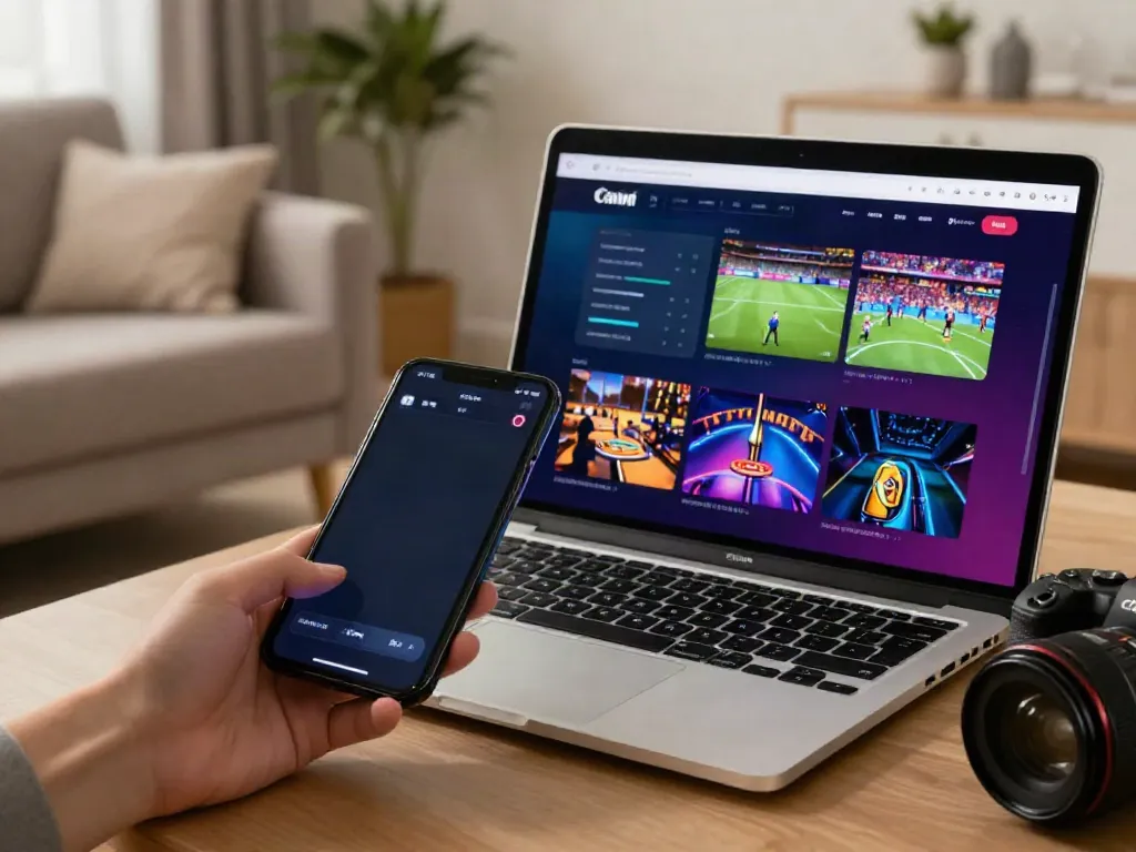 Dynamic online gambling experience featuring five88 sports betting interface and gaming options in a cozy home setting.
