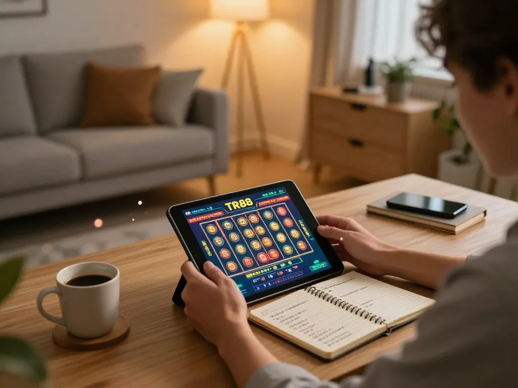 Engaging in TR88 game on a tablet in a cozy home setup with betting notes and warm lighting.
