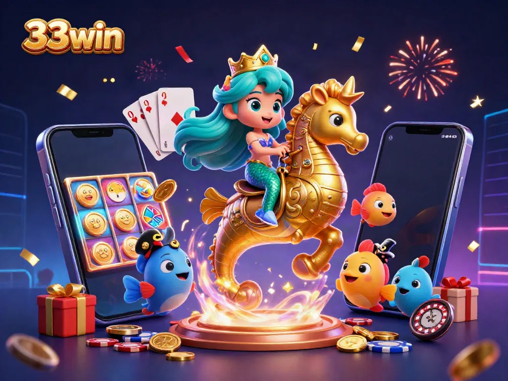 33win mermaid princess in a vibrant casino scene with golden treasures and festive atmosphere
