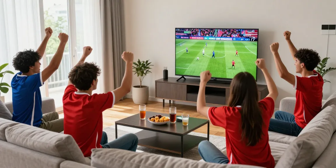 Cakhia xem bong da scene with friends cheering during a live soccer match in a cozy living room, showcasing excitement and camaraderie.