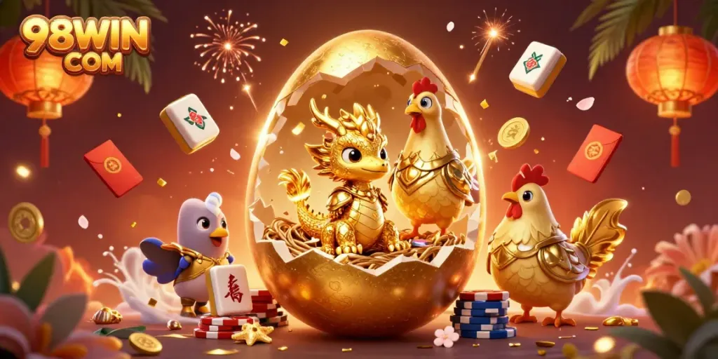 Engage with 98WIN COM and experience thrilling victories with golden elements and dynamic game features within a vibrant casino illustration.