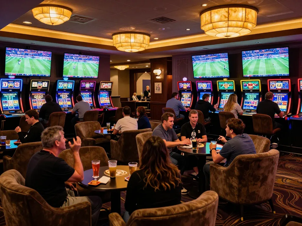 Fans engaging in sports betting at a luxury casino hit club, with live events displayed on screens.