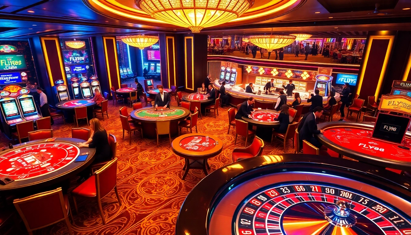 FLY88 gaming excitement with vibrant tables, engaging players, and luxurious atmosphere.