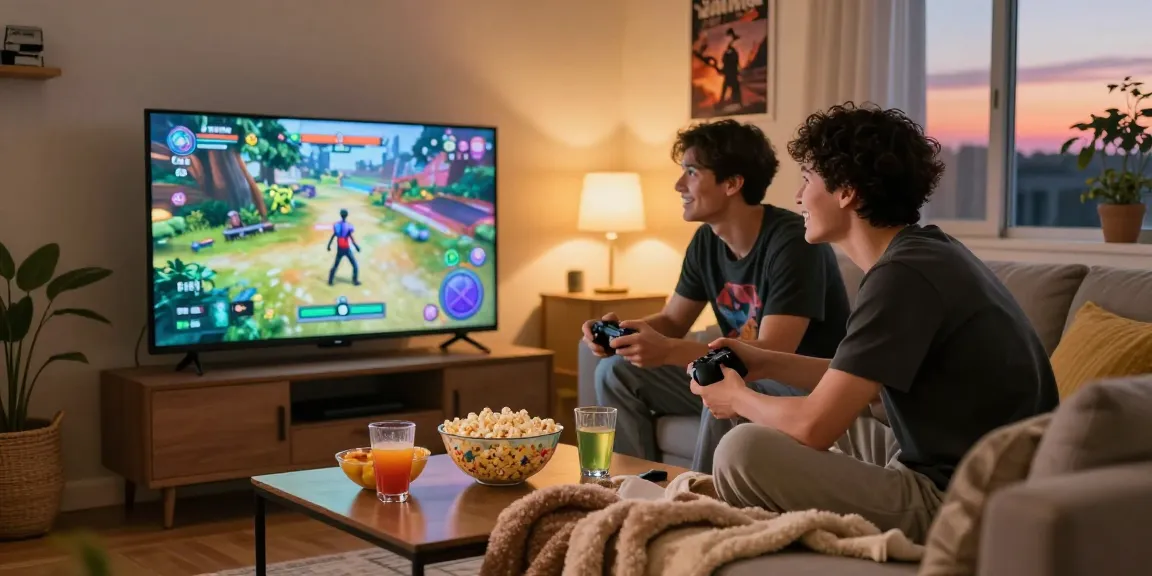 Couple playing xxx games together in a cozy living room, enjoying snacks and drinks.