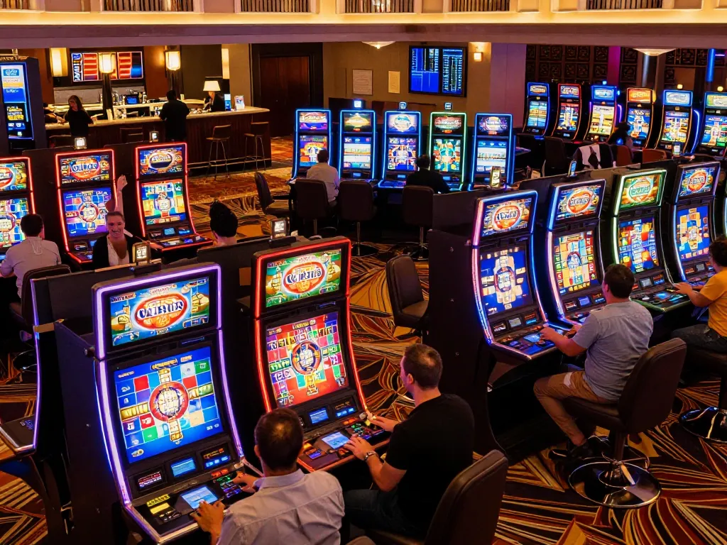 Go8 players celebrate wins at colorful slot machines, showcasing the excitement of modern gambling.