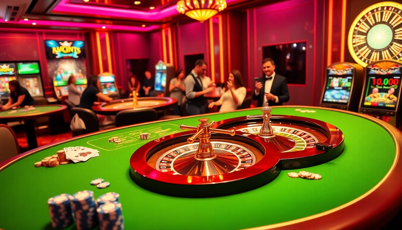 An engaging online casino environment featuring the excitement of 888p com gameplay with vibrant slot machines and a roulette table.