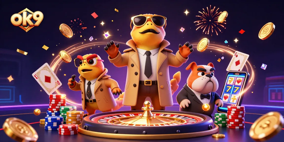 Engage in epic gaming adventures with ok9, featuring playful raptor characters in a whimsical casino scene.