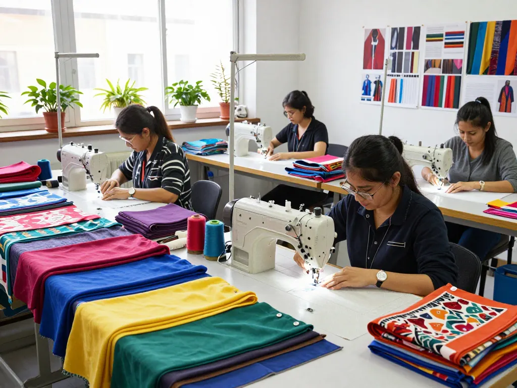 Sunwin textile production scene with skilled workers showcasing vibrant fabrics and innovative apparel designs in a dynamic environment.