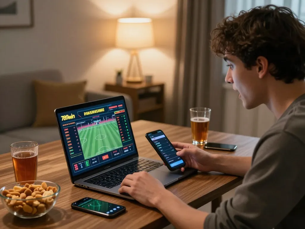 Person placing sports bets on 789win app with excitement in a cozy home setting.