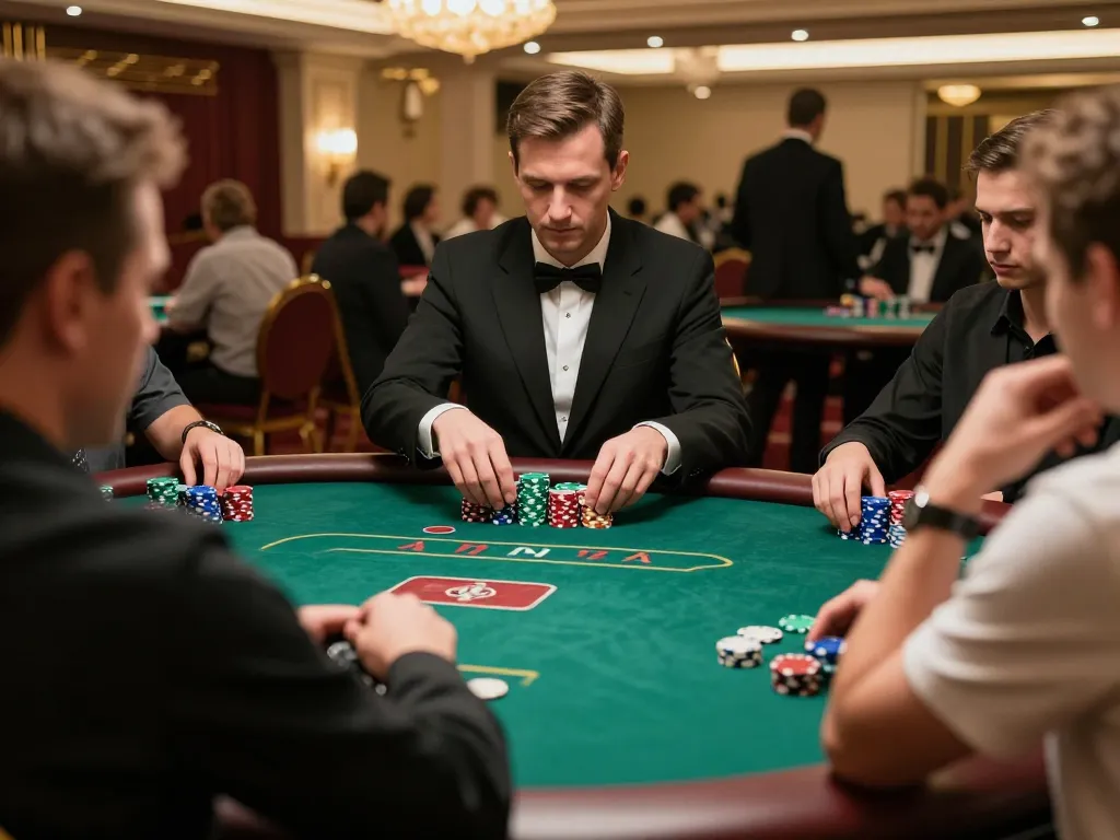Players engage in high-stakes poker at keonhacai5 in a luxurious casino setting.