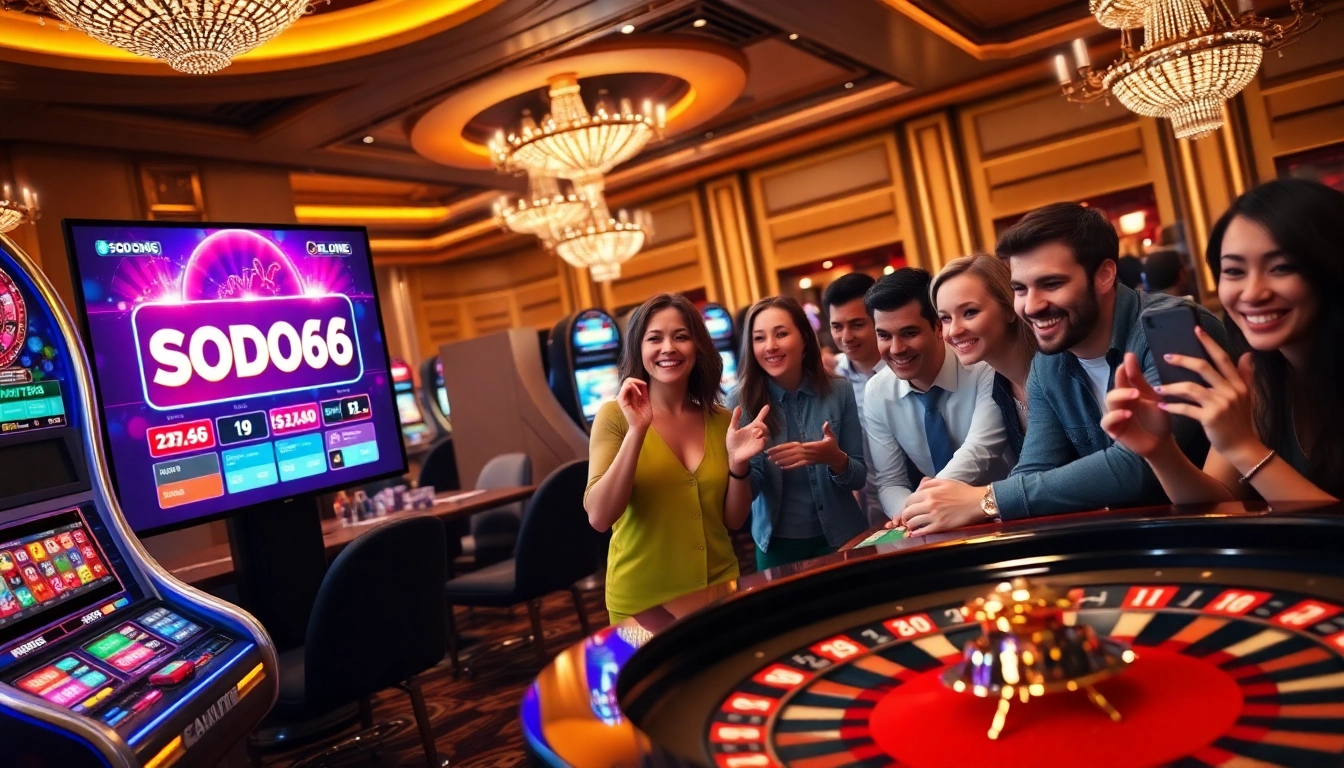 Experience the thrill of SODO66 with vibrant casino ambiance and players at interactive tables.