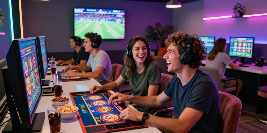 Friends enjoying f168 vip gaming experience in modern lounge.