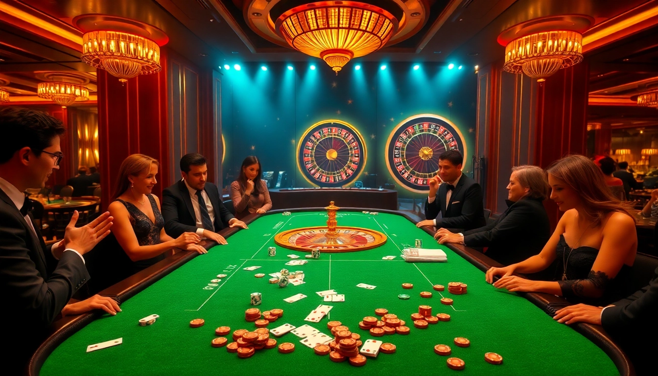 Players enjoy an exciting GG88 game at a luxurious casino table with vibrant action and elegant decor.