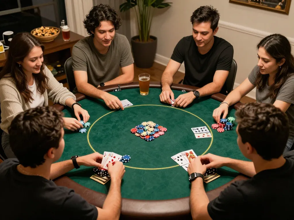 Friends enjoying v788 game at a home poker night, colorful chips and cards on display.