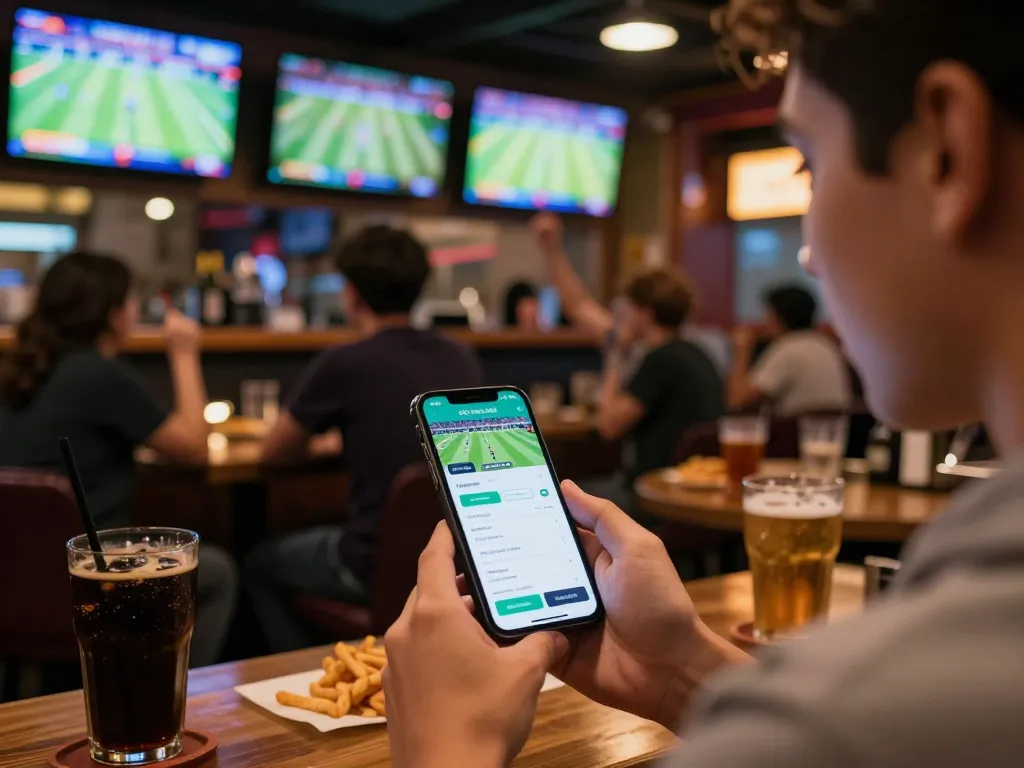 KÈO TRỰC TUYẾN betting app open on a smartphone while enjoying a lively sports bar atmosphere