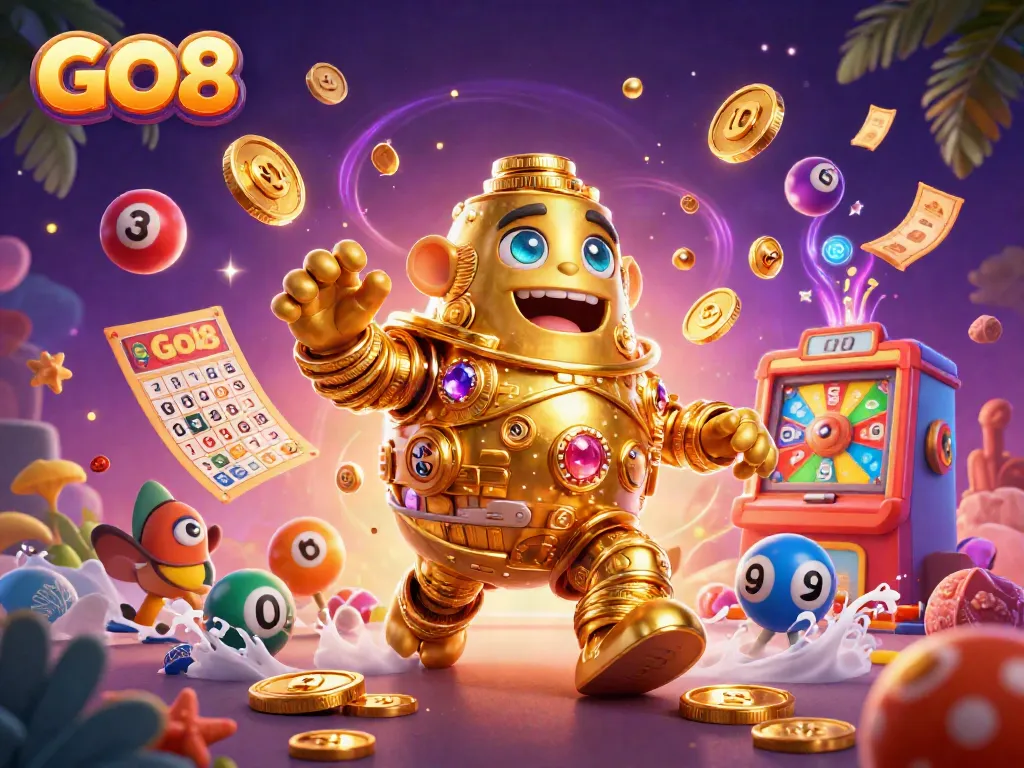 Experience the thrilling world of GO8 with dynamic lottery elements and golden treasures in 3D!