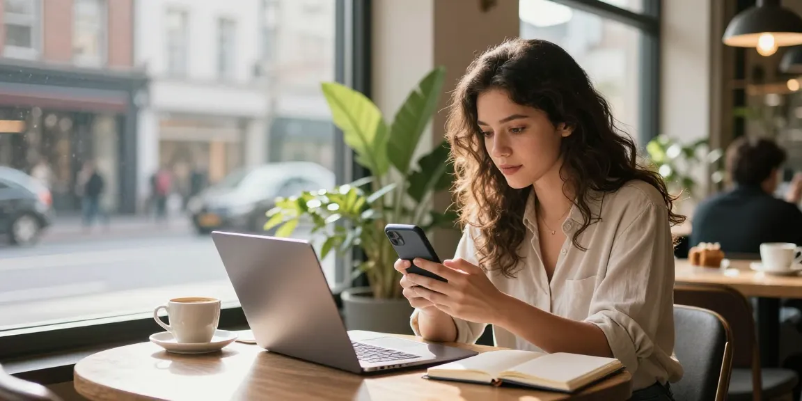 AI girlfriend conversation in an urban café setting with a young woman and smartphone.